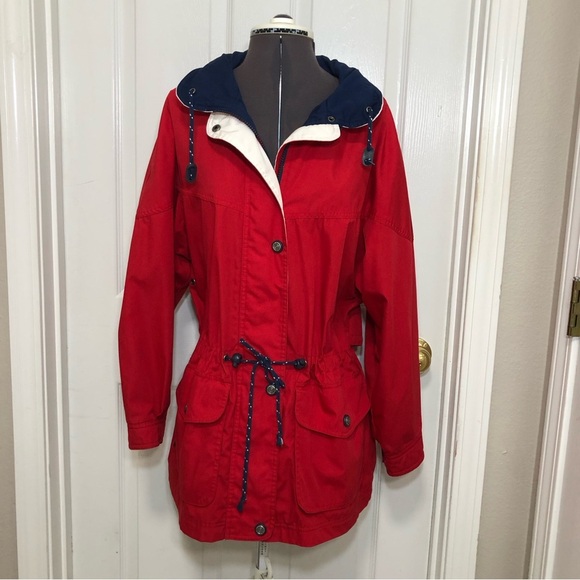 Pacific Trail by London Fog All Weather Hooded Waist String Red Lined Jacket M - Picture 2 of 16